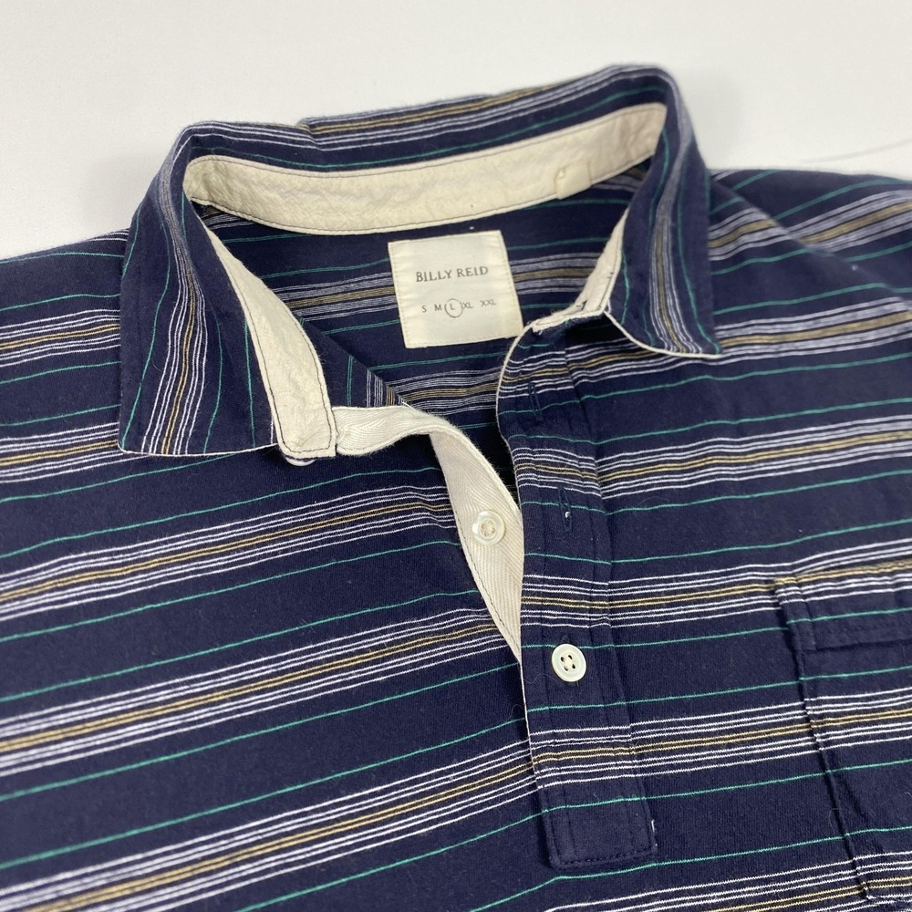 Billy Reid Polo Shirt Mens Large Blue Striped 100% Cotton Short Sleeve